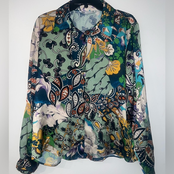 Zara Tops - ZARA Paisley Scarf Print Colorful Satin Blouse Button Down Shirt Blouse